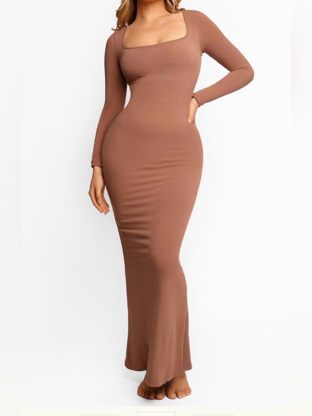 Popilush Square Neck Long Sleeve Maxi Dress Brown with shapewear Size XXL New